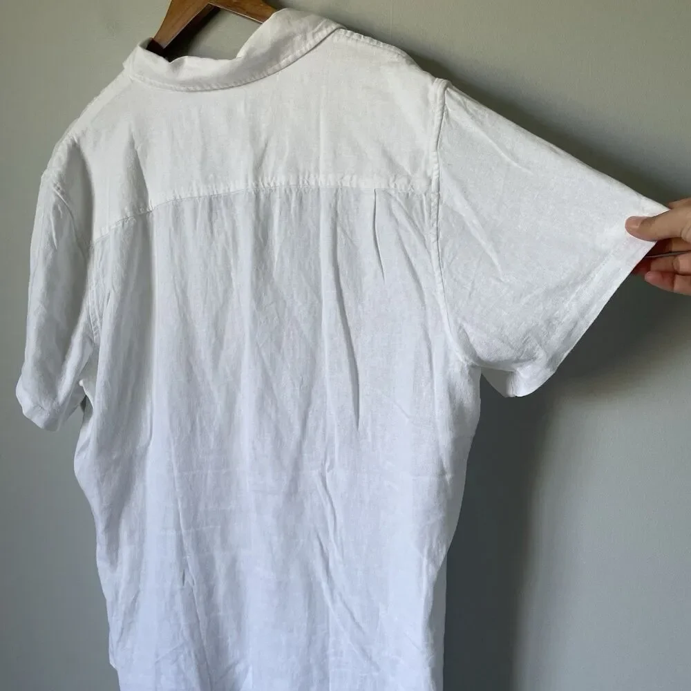 Vintage Summer Linen Blend Button Down Shirt Top Short Sleeves White Men's XL